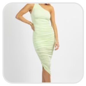 PALE LIME ONE SHOULDER RUCHE MIDI DRESS